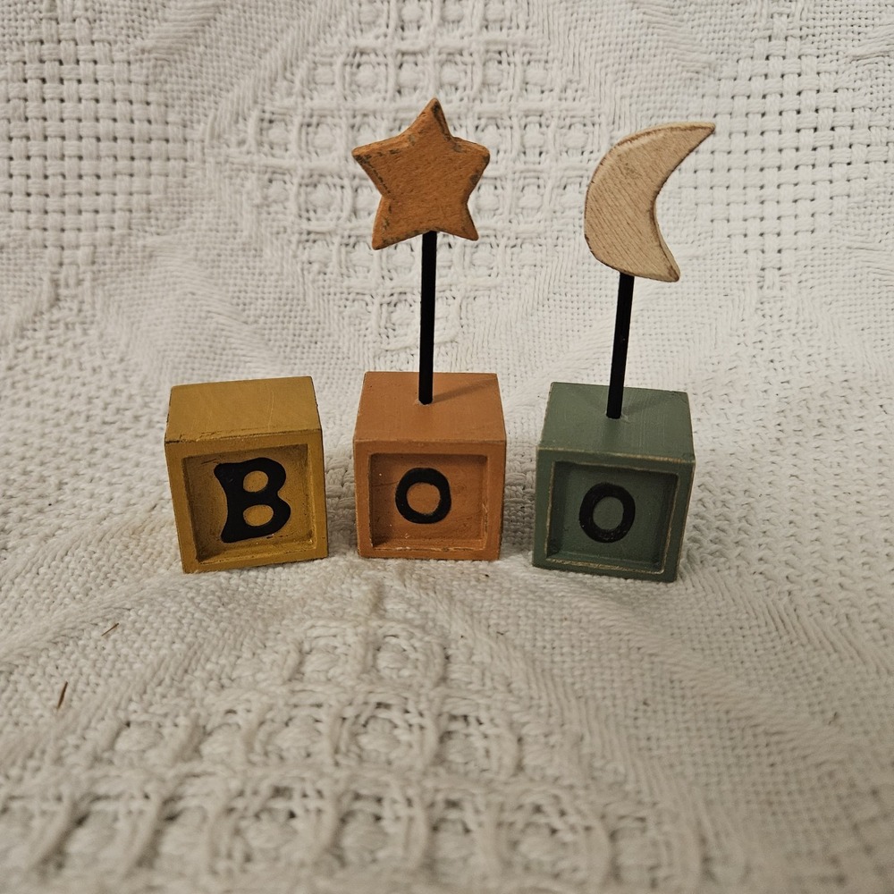 Vintage Primitive Folk Art Halloween BOO Fall Decor Letter Blocks Multicolor